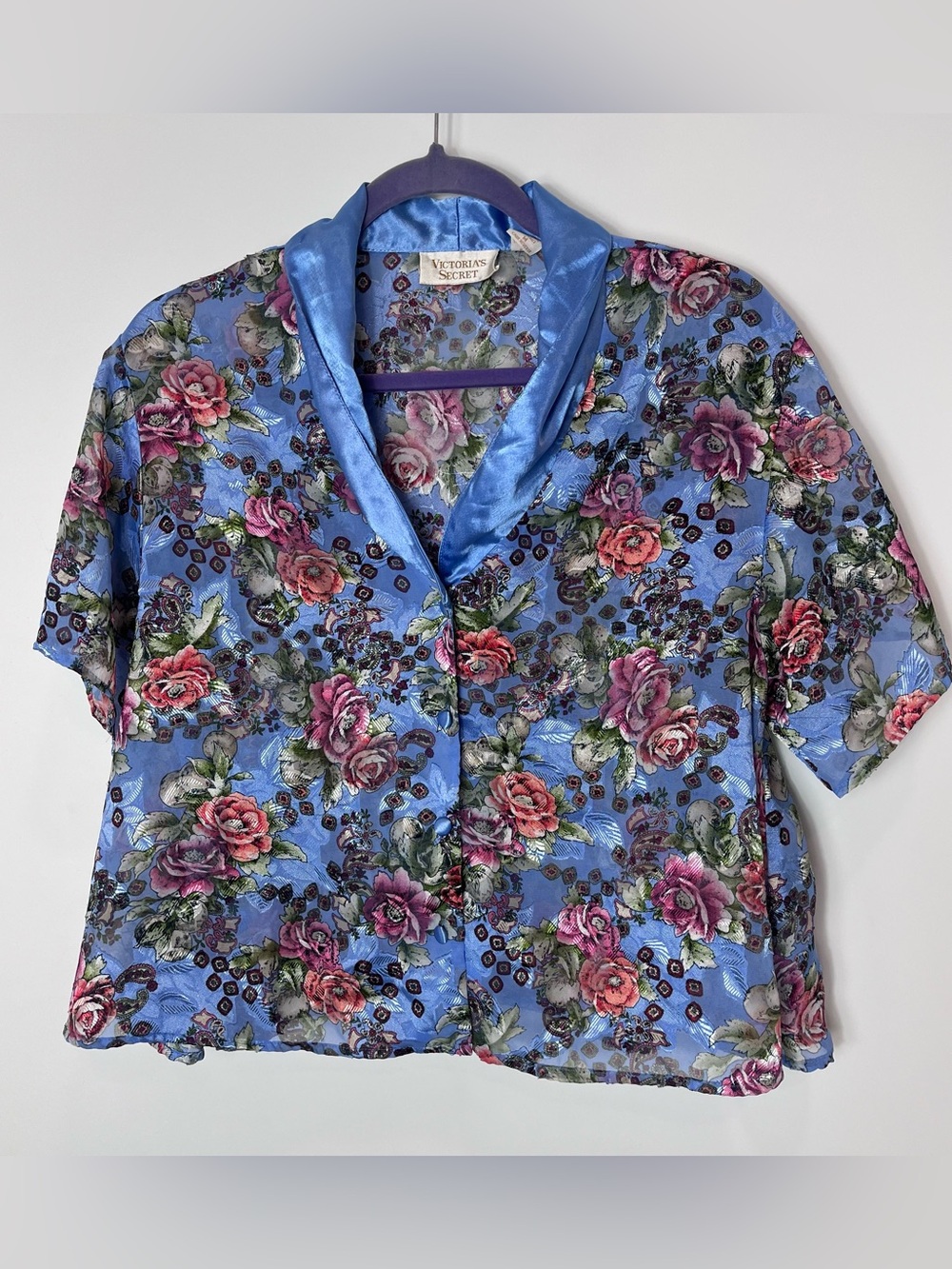Victoria's Secret VTG Y2K Blue Floral Silky Satin Button Front Blouse PJ Top M